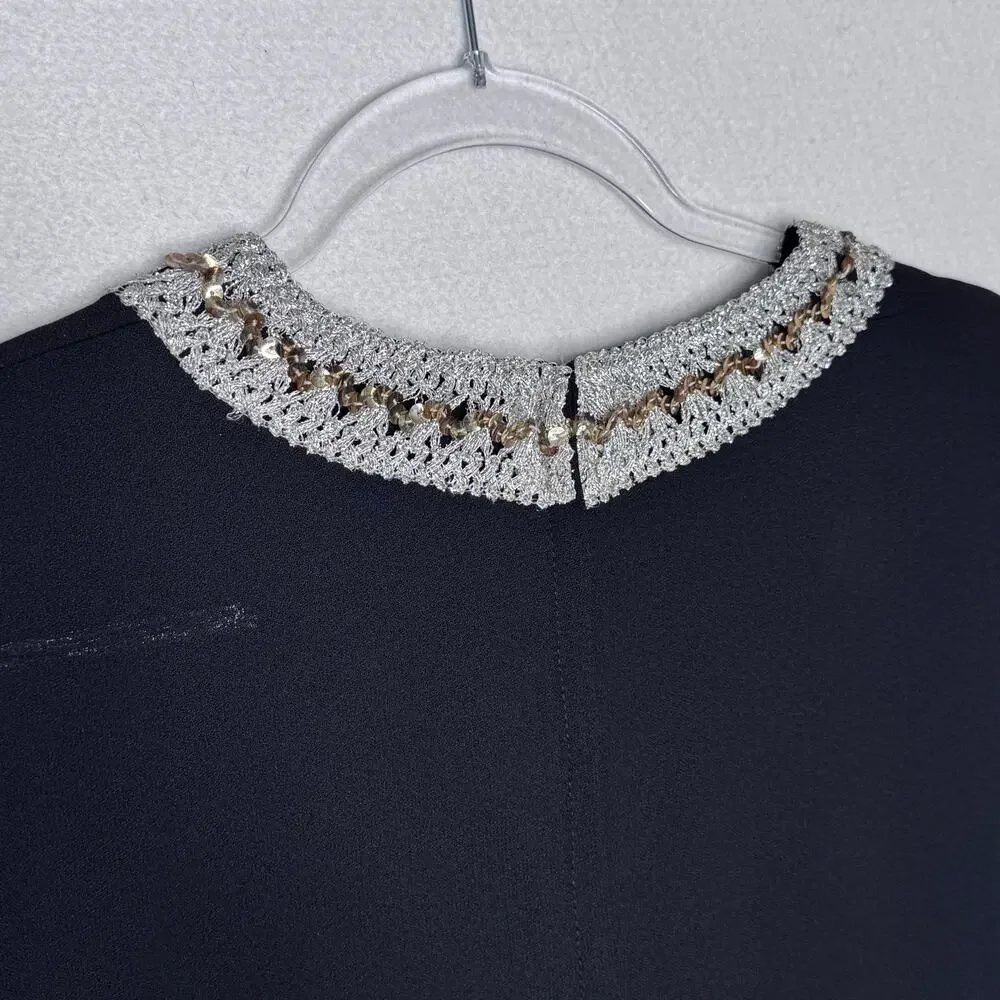 Vintage Black Silver Metallic Sequin Neck Shift A-Line Dress Cocktail M
